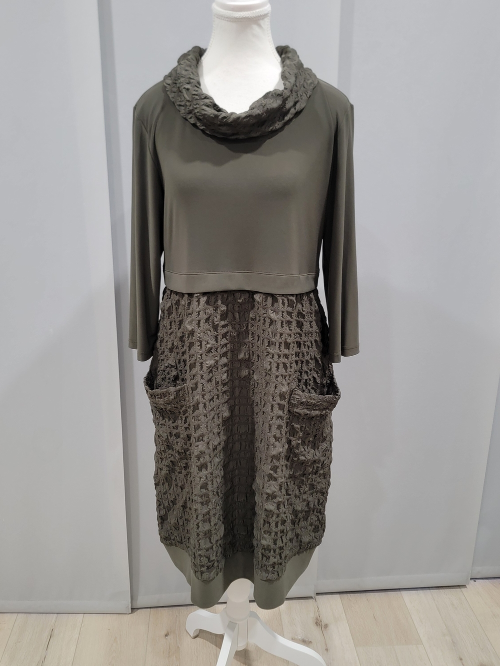 Joseph Ribkoff Olive Green Midi Dress with Textured Skirt